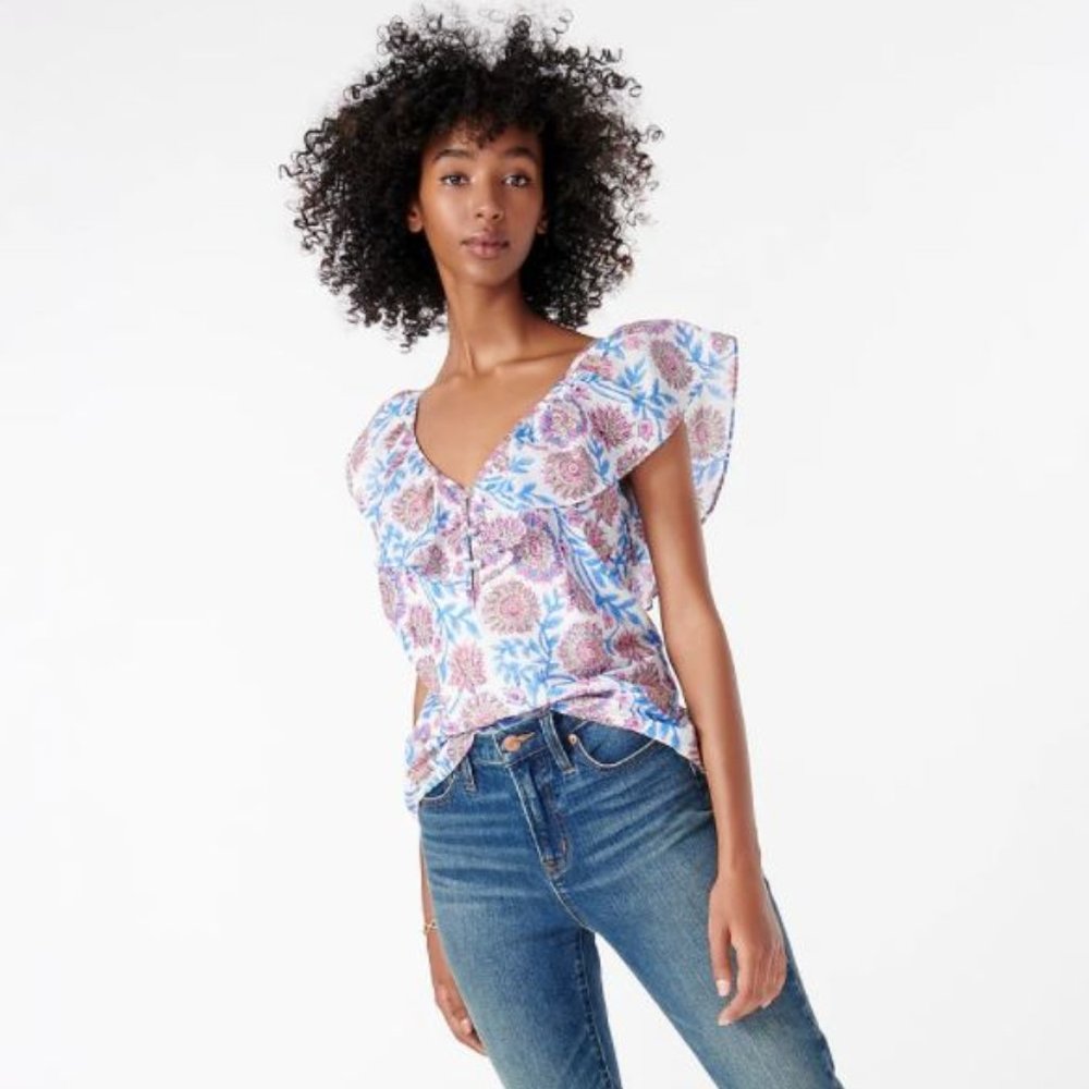 J. Crew NWT Ruffle V-Neck‎ Top in Floral Vine Block Print